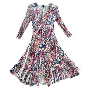 Komarov Pink Floral Print Charmeuse 3/4 Sleeve Lace Cocktail Midi Dress Small
